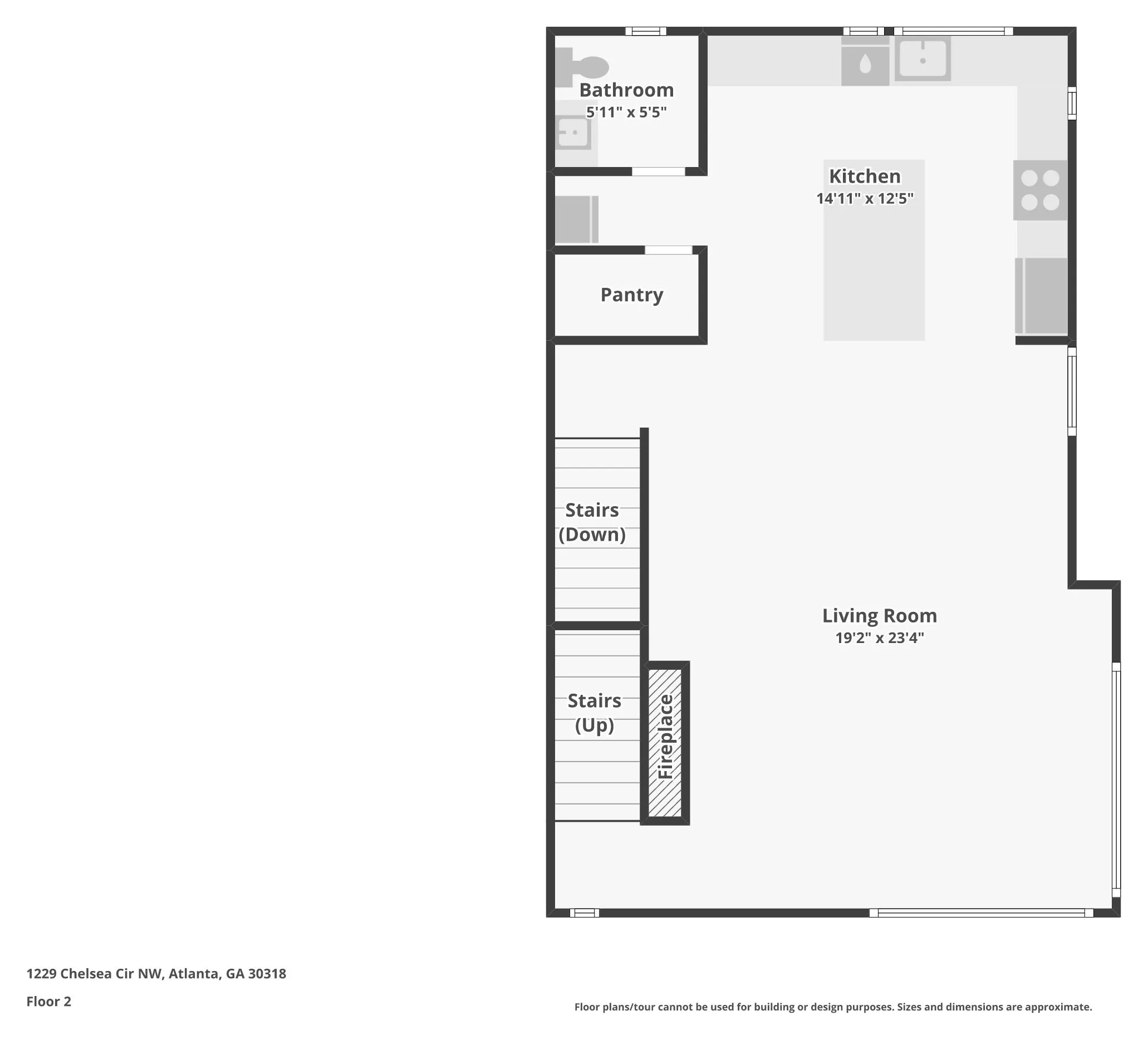 Floor 2 plan of 1229 Chelsea Cir NW: kitchen with island, living room with fireplace, pantry and half bath.