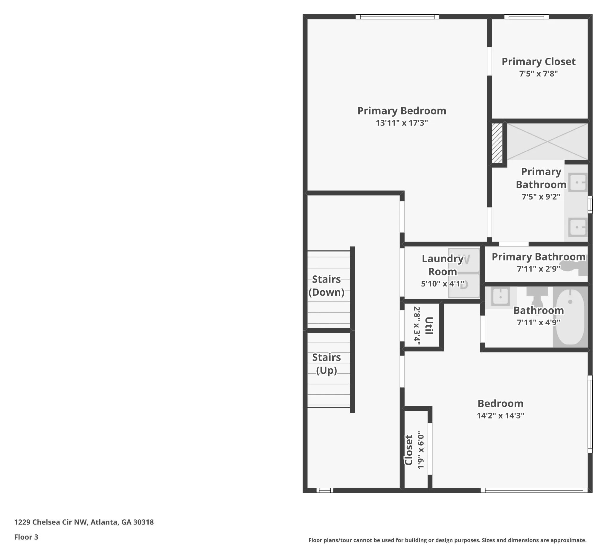 Floor 3 plan of 1229 Chelsea Cir NW: primary bedroom with walk-in closet and bath, second bedroom, hall bath and laundry.