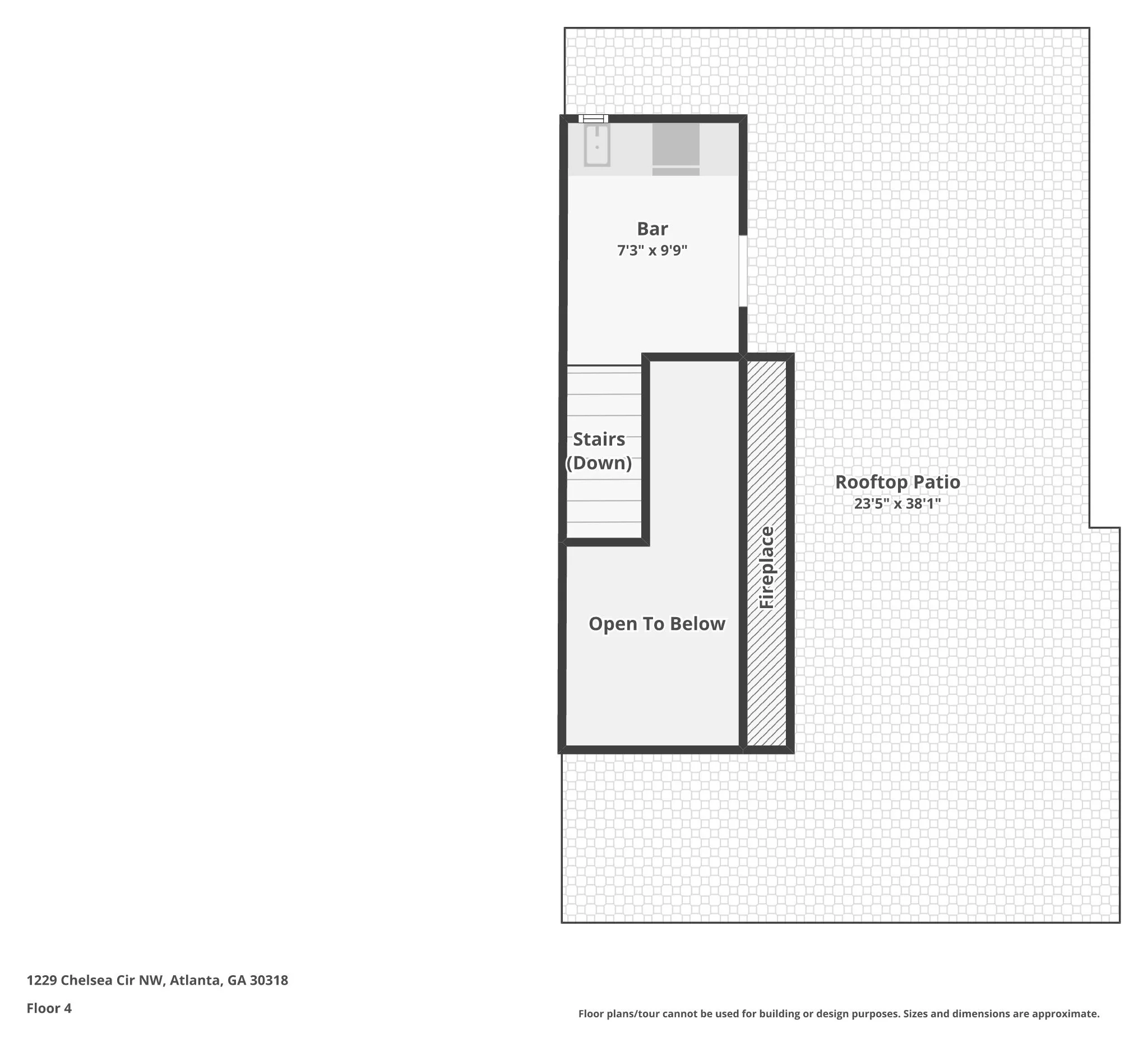 Floor 4 plan of 1229 Chelsea Cir NW: rooftop patio with fireplace, enclosed wet bar and stairs down.
